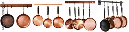 Home organization and storage ideas, A collection of copper cookware, featuring various frying pans suspended from a rack, showcasing their rich color and craftsmanship.