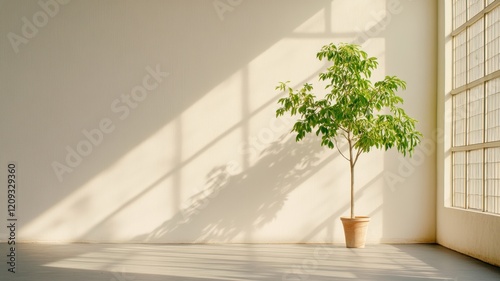 Sparsely furnished room featuring a large potted tree, creating a serene and minimalist atmosphere.