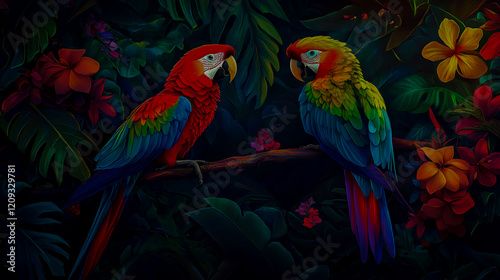 A vibrant scene of two colorful parrots in the lush tropical rainforest, surrounded by exotic flowers and leaves. photo