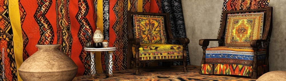 Fototapeta premium Colorful ethnic chairs in room with patterned fabrics