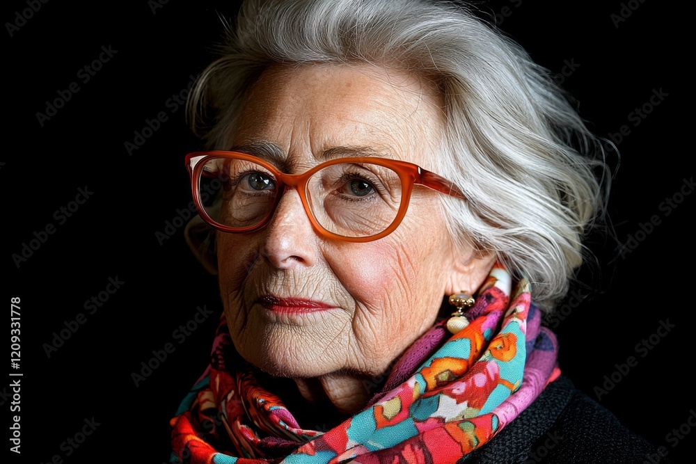 Elderly woman with silver hair and colorful scarf showcases vibrant style in a close-up portrait Elderly woman with silver hair and colorful scarf showcases vibrant style in a close-up portrait