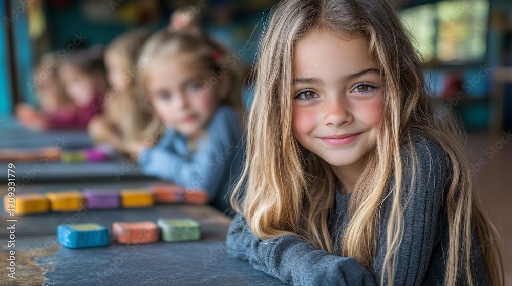 Obraz premium In a vibrant classroom filled with enthusiasm, a group of children participates in creative activities, focusing on colorful materials around them.