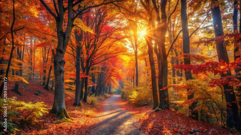 Fototapeta premium Autumnal Pathway Through a Sun-Dappled Forest of Vibrant Red and Gold Leaves