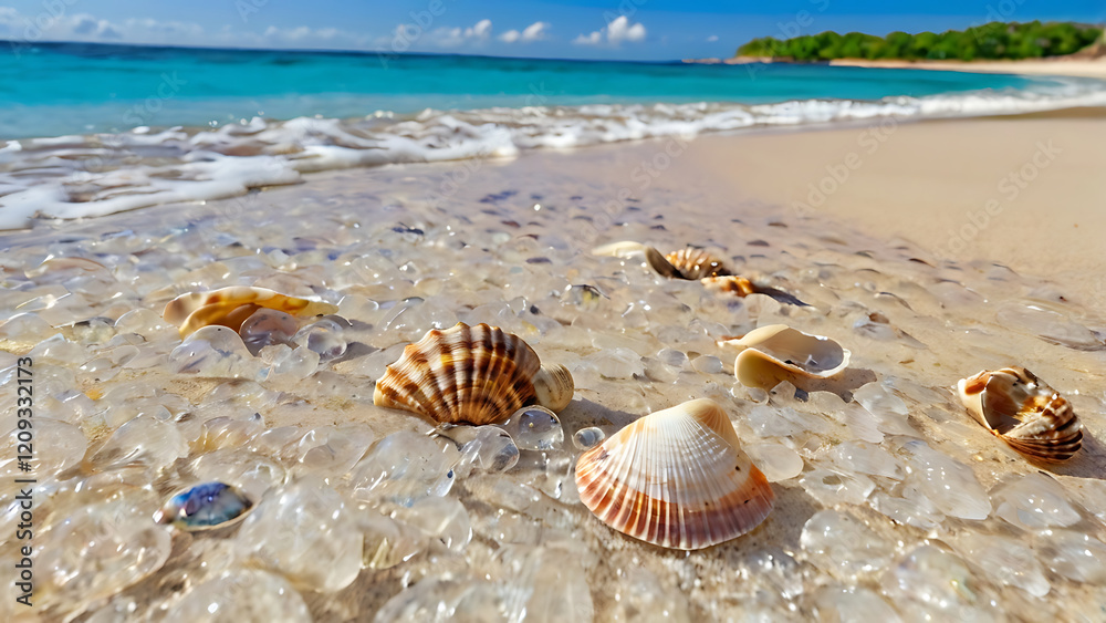Sandy beach with crystal clear water and shells on the shore Sandy beach with crystal clear water and shells on the shore