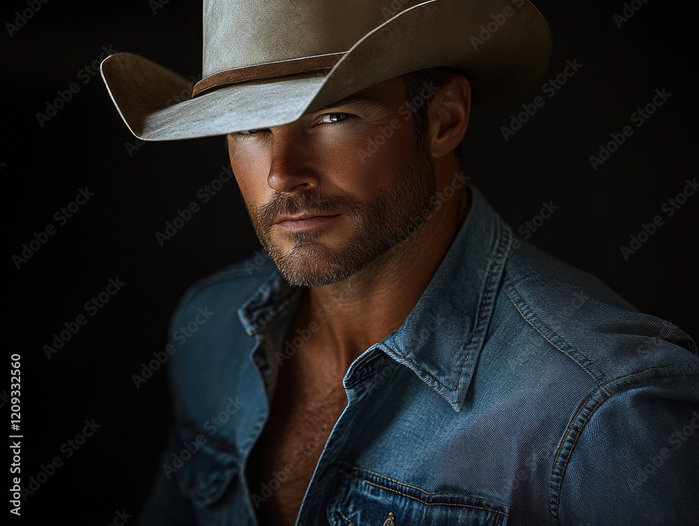 Cowboy posing confidently with a wide-brimmed hat and denim shirt in a moody setting at dusk Cowboy posing confidently with a wide-brimmed hat and denim shirt in a moody setting at dusk
