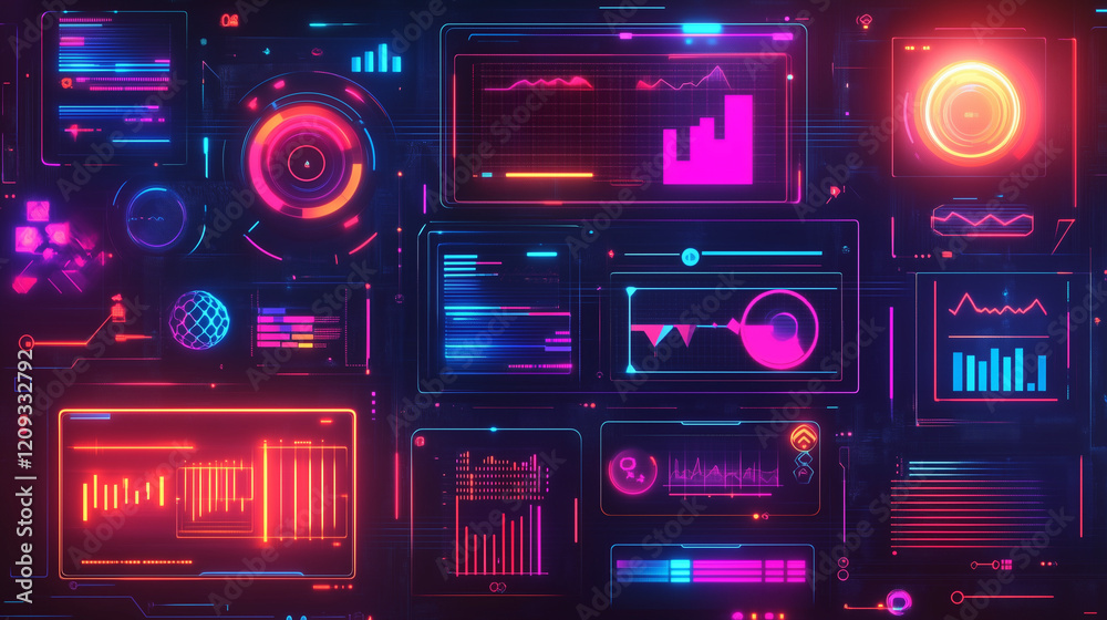 Fototapeta premium A futuristic digital interface with holographic elements, showcasing data analytics, graphs, and technology symbols in vibrant neon tones, representing advanced technology and innovation.