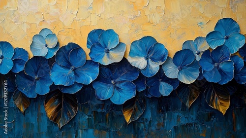 Blue hydrangeas painted on textured canvas.