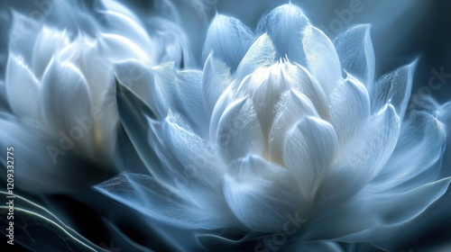 Blossom Protea flower with delicate light blue petals, serene and ethereal atmosphere, dreamlike feelings