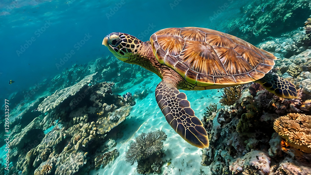 Obraz premium Sea turtle swimming in clear water among corals