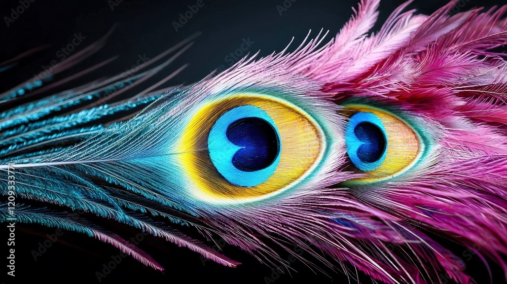 Obraz premium The enchanting eye of a peacock displaying shimmering colors and intricate patterns, surrounded by its beautiful feathers, conveying elegance and allure,