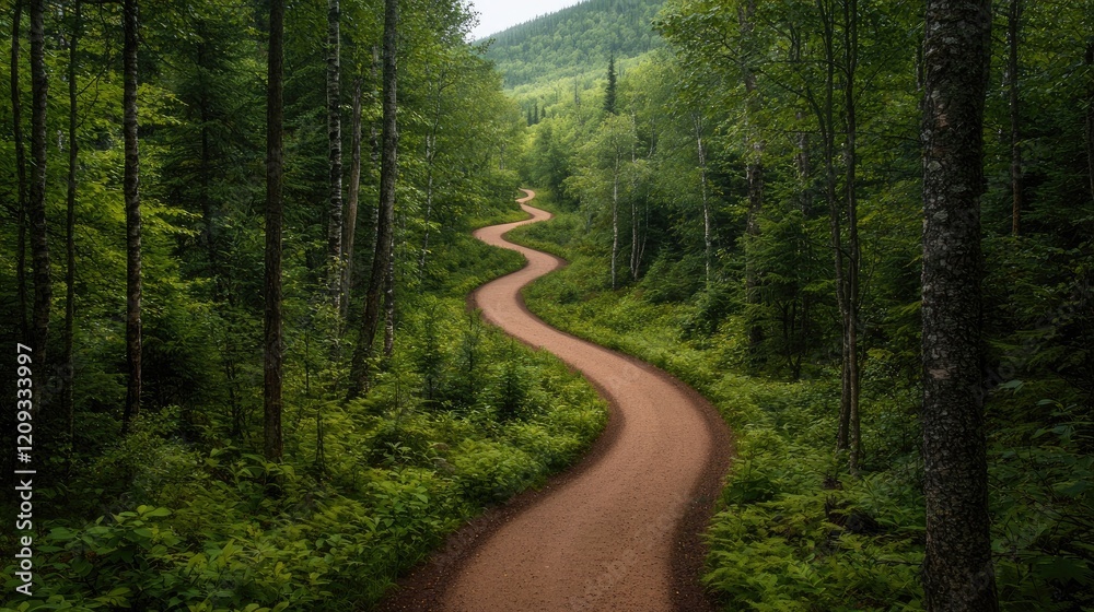 Obraz premium Winding forest road, green trees, hill background, travel adventure