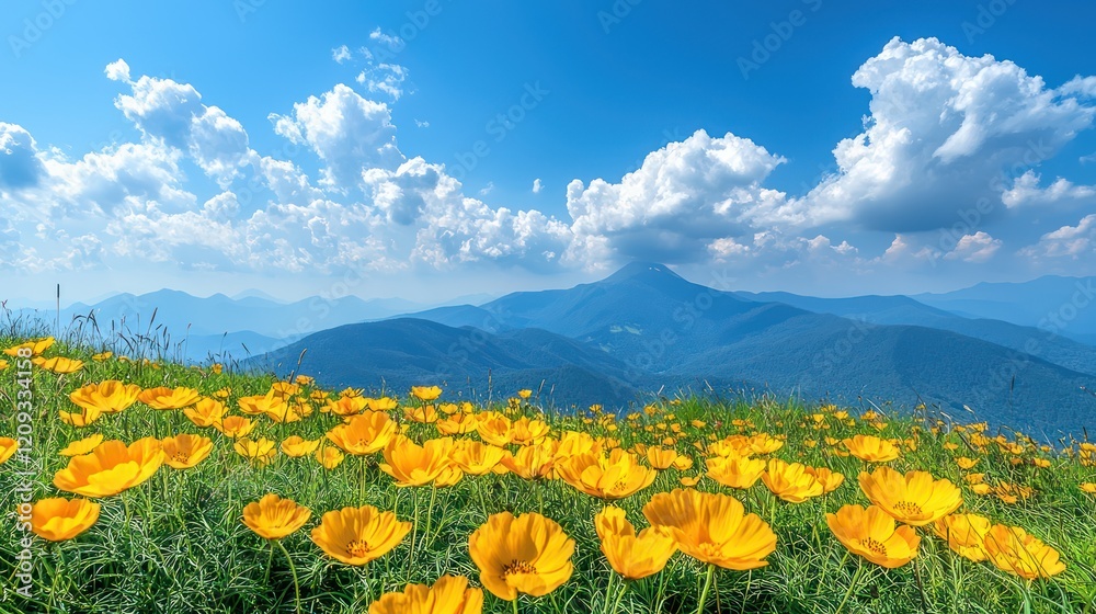 Obraz premium A vibrant field of yellow flowers against a backdrop of mountains and blue skies.