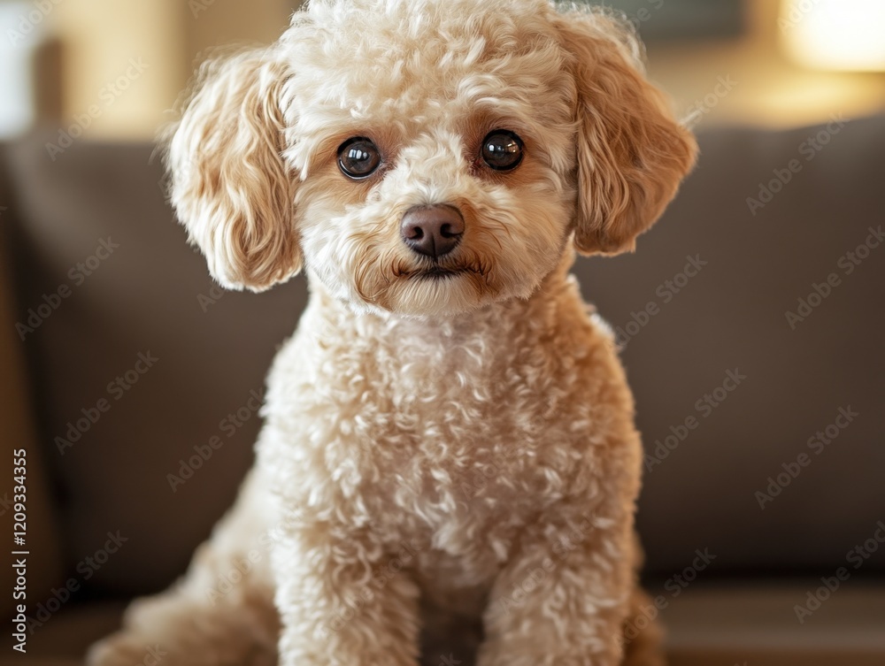 Cute small dog sits on couch looking curiously at camera while inside a cozy home during daytime Cute small dog sits on couch looking curiously at camera while inside a cozy home during daytime