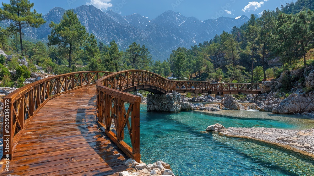 Fototapeta premium Scenic wooden bridge over a clear river, surrounded by mountains and trees.