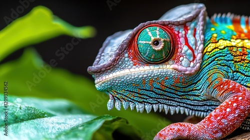 1 A captivating close-up of a chameleons eye, with vibrant scales and the unique ability to change color, representing adaptability in nature,