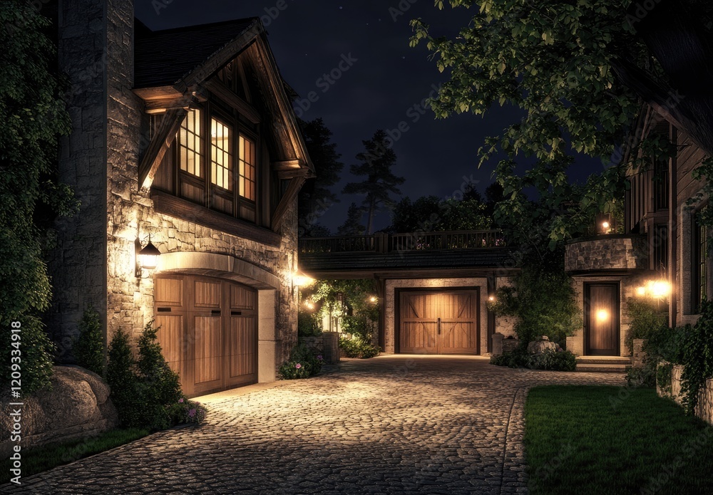 an upscale, modern house in Vancouver at night, with beautiful lighting on the front door and garage doors, green grass, stone walls an upscale, modern house in Vancouver at night, with beautiful lighting on the front door and garage doors, green grass, stone walls