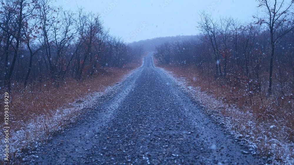 Snowy road through autumn woods, light snowfall, peaceful winter landscape, nature background for travel brochures Snowy road through autumn woods, light snowfall, peaceful winter landscape, nature background for travel brochures