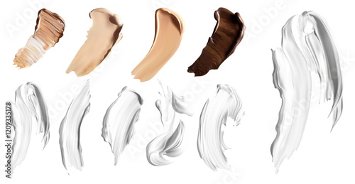Realistic cosmetic swatches in skin-tone shades and white cream strokes for beauty presentations, product designs, or branding. Perfect for makeup, skincare, ads, and marketing. Vector