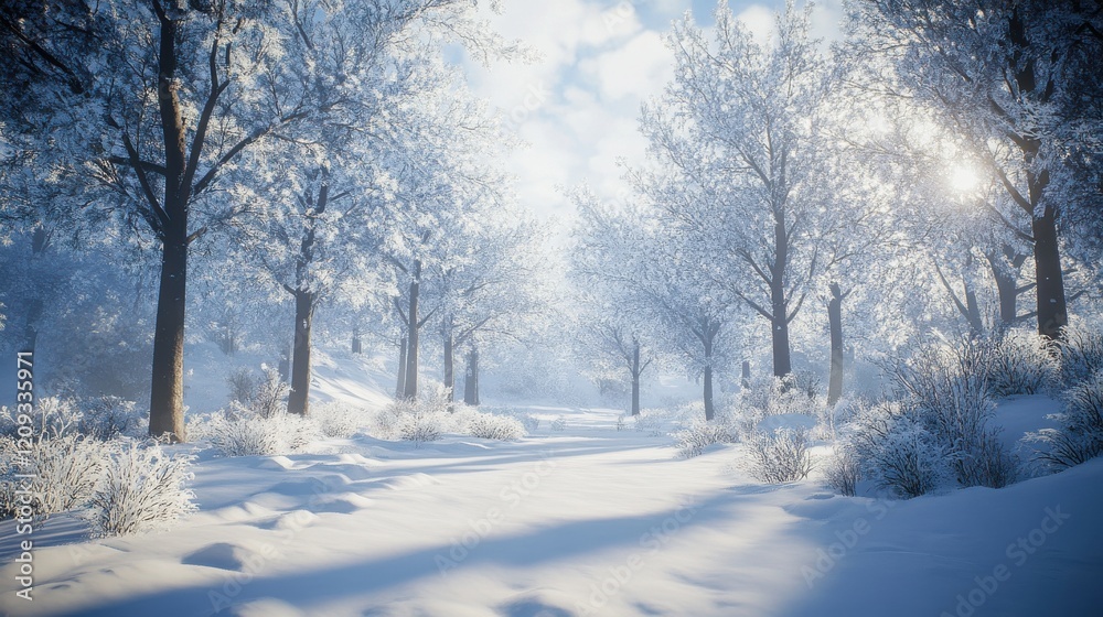 A serene winter landscape blanketed in soft, white snow under a bright blue sky. A serene winter landscape blanketed in soft, white snow under a bright blue sky.