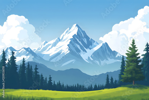 Summer Mountain Landscape with Green Meadows and Snowy Peaks