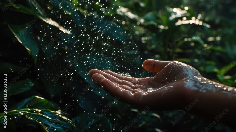 Fototapeta premium Water droplets scatter from a hand in a lush garden, creating a symbolic moment of cleanliness and harmony with nature during a health crisis.