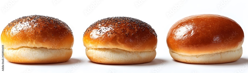 Three delicious baked bread rolls displayed in a row Three delicious baked bread rolls displayed in a row