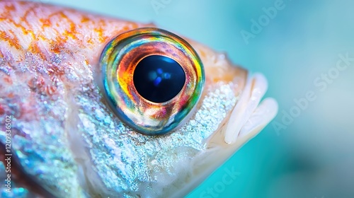 Close-up of a goatfishs eye with intricate detailing and shimmering scales, reflecting colors of the coral reef, depicting the vibrant underwater ecosystem, photo
