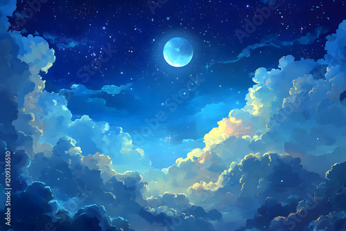 Blue sky with clouds and night sky filled with stars and moonlight