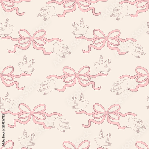 Seamless vector pattern with white pigeons holding cute coquette bow. Hand drawn background with birds and ribbons for wedding, valentine day design. Vintage line art wallpaper, wrapping paper