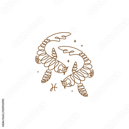 Continuous line drawing of astrological Pisces zodiac sign. Line art symbol and icon of esoteric zodiacal horoscope. Minimalist black linear sketch isolated on white background.