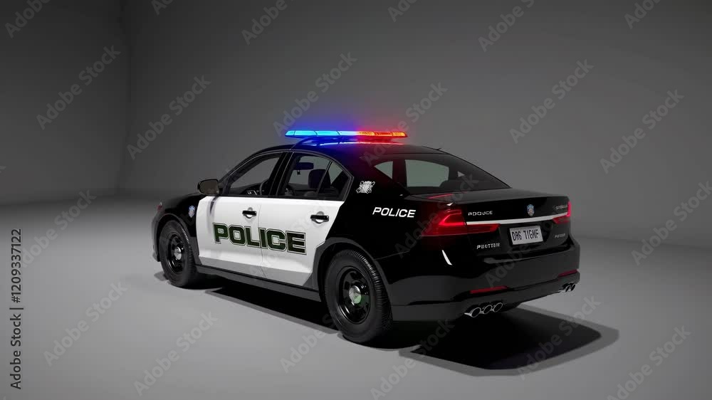 Police car showcased with lights on an uncolored backdrop during an engagement activity Police car showcased with lights on an uncolored backdrop during an engagement activity
