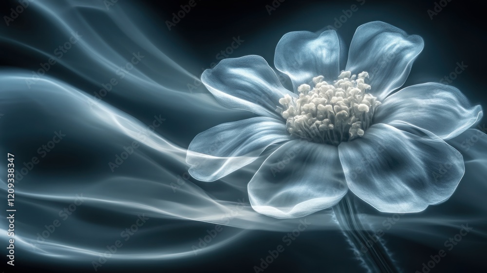Obraz premium Blossom Yarrow flower with delicate light blue petals, serene and ethereal atmosphere, dreamlike feelings