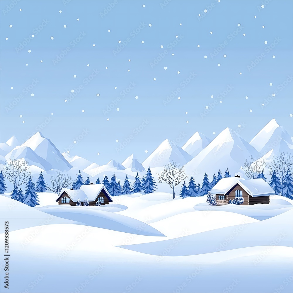 Fototapeta premium A serene seamless pattern featuring winter landscapes with softly falling snow and cozy cabins, creating a tranquil holiday mood, balanced composition