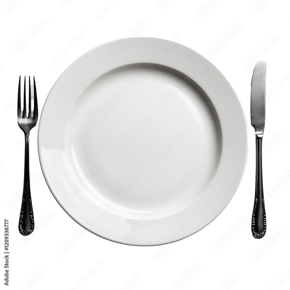 Elegant White Dinner Plate with Silverware Table Setting Empty Plate Restaurant Food Cutlery Elegant White Dinner Plate with Silverware Table Setting Empty Plate Restaurant Food Cutlery
