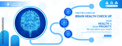 Medical health care check up. Brain human in stethoscope frame. Magnifying glass examining organ icon. Template design background banner for medical ads social media editable. Vector.