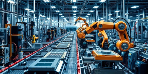 Robotic arm with precision tools assembling semiconductor components in high-tech manufacturing plant, engineering, factory