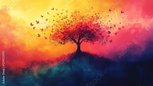 A Majestic Tree with Colorful Leaves Surrounded by Vibrant Butterflies Against a Beautiful Sunset Sky in a Dreamy Landscape