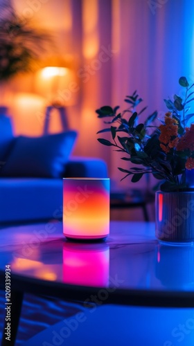 A cozy living room scene with a glowing smart lamp and stylish decor. This vibrant atmosphere invites relaxation and creativity. Perfect for modern homes. Generative AI