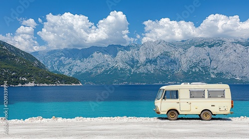 A vintage camper van parked by a serene blue lake with mountains in the background. photo