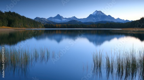 Serene mountain landscape reflecting in a calm lake at dawn.