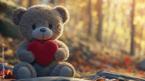 Teddy bear holding a red heart full of love, with a beautiful background, as a gift for Valentine's Day, mother's Day, wedding, birthday. photo