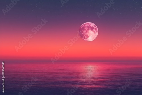 Artistic Sunset Over the Ocean with a Gradient of Pink and Violet Under a Full Moonlit Sky. Generative AI
