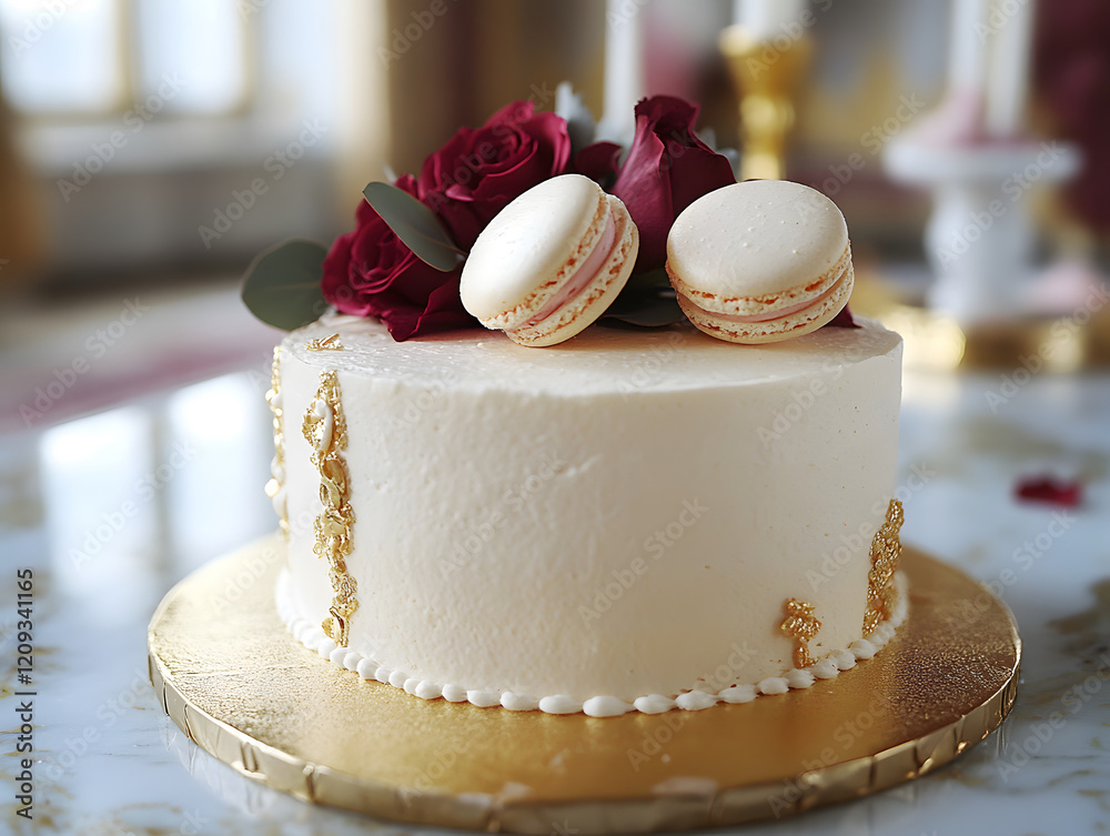 Elegant White Cake with Macarons and Roses on Golden Base Elegant White Cake with Macarons and Roses on Golden Base