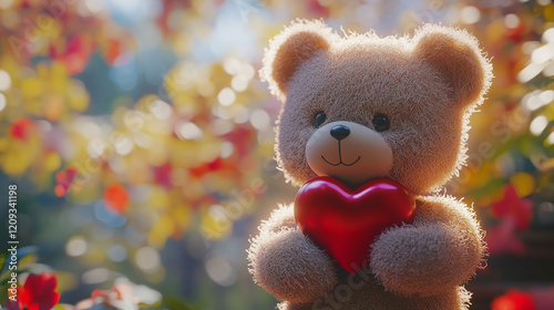 Teddy bear holding a red heart full of love, with a beautiful background, as a gift for Valentine's Day, mother's Day, wedding, birthday. photo