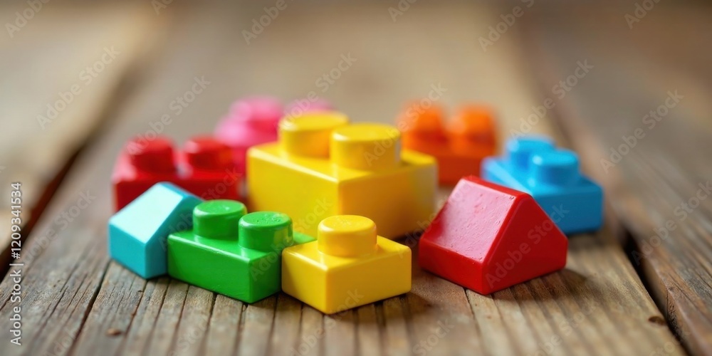 Obraz premium Colorful Plastic Blocks Arranged on Wooden Surface Representing Childhood Creativity and Imagination