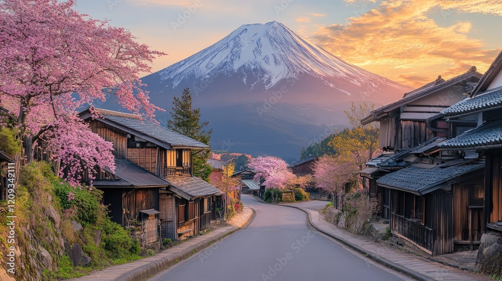 beautiful clean and tidy road to Mount Fuji with blooming pink cherry blossom and old traditional Japanese Shirakawa-go house style at Japan.