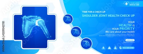 Shoulder joint bone in cross or plus frame. Medical health care check up. Shield magnifying glass examining organ icon. Template design background banner for medical ads social media editable. Vector.