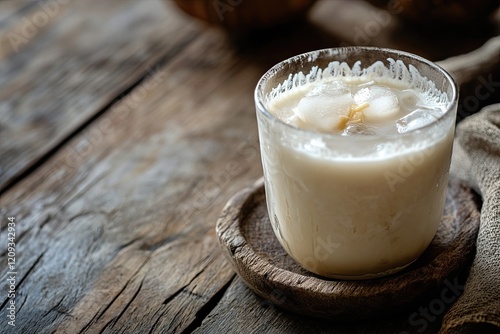 Creamy coconut coffee in glass, set on rustic wood, evokes tropi photo