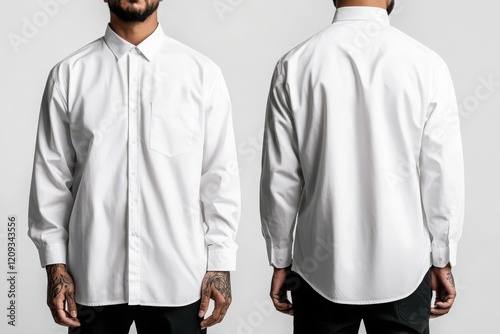 Classic White Long-Sleeve Shirt: A clean and minimalist image showcasing a classic white long-sleeve button-down shirt, presented in both front and back views on a neutral background.