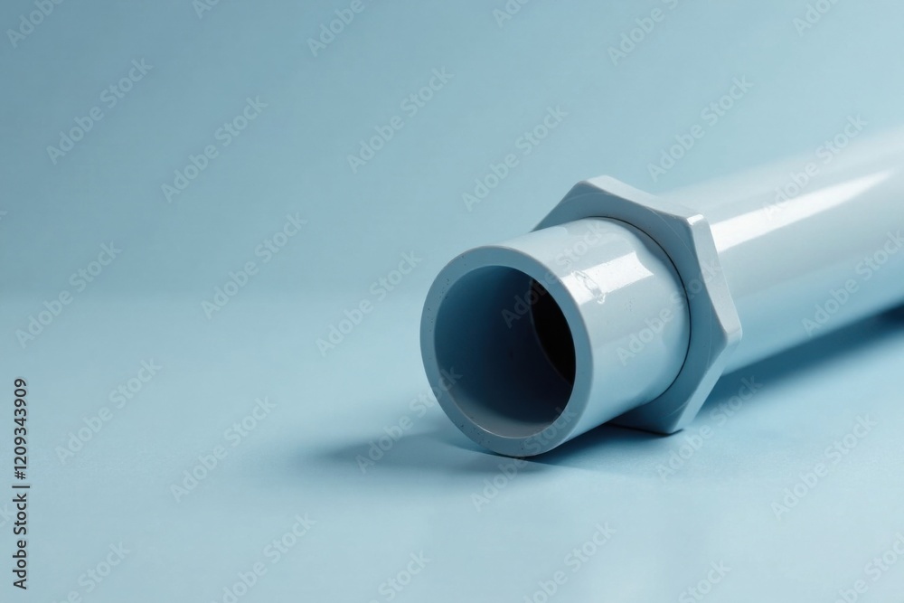 Fototapeta premium Close-up view of a light blue plastic pipe fitting with a hexagonal nut, showcasing its smooth surface and precise engineering